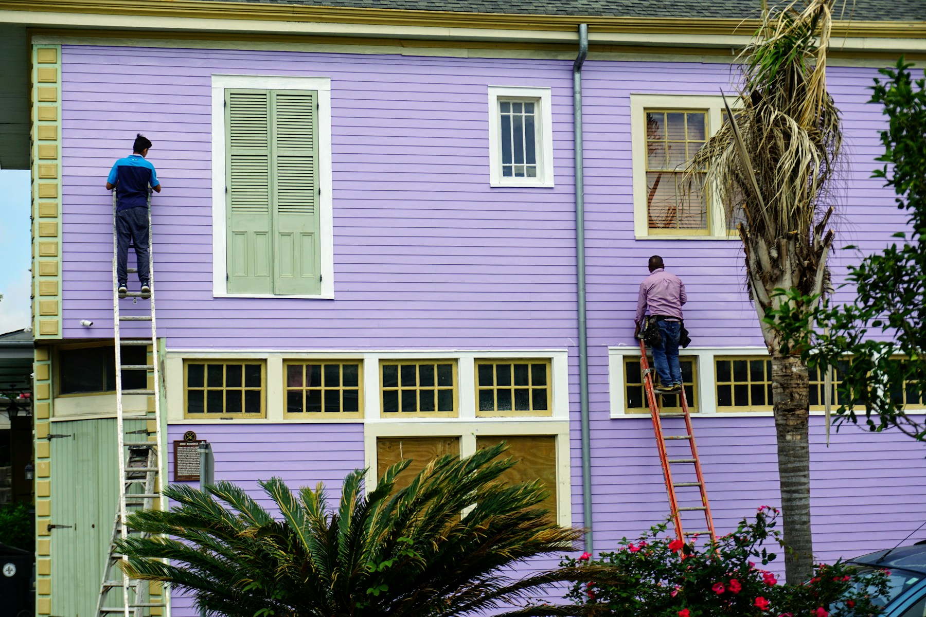 Painters working carefully across the exterior of a character home